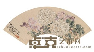 顾洛 1867年作 绣球花 扇面镜心 15.5X50cm